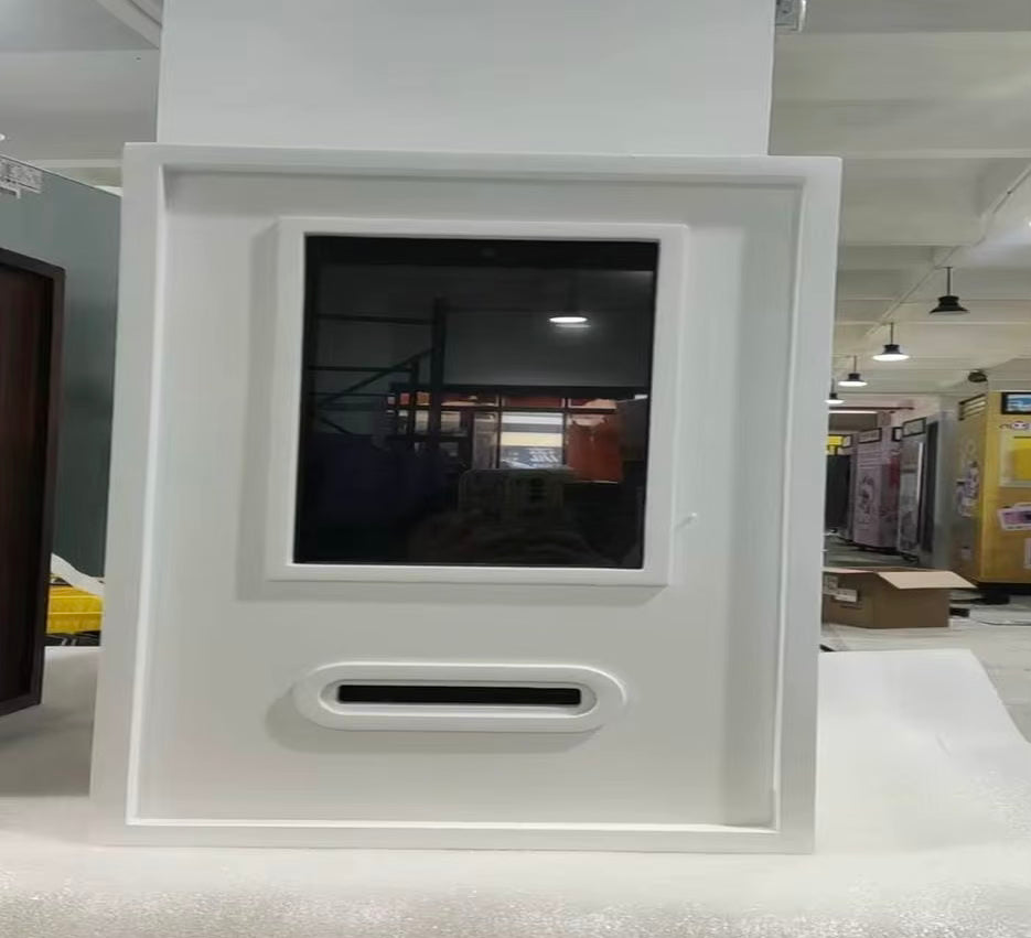 Kompakter weißer Fotokiosk mit Sofortdruck, Selbstbedienung, Wi-Fi, Touchscreen, Holz, für Cafés und Pop-up-Shops