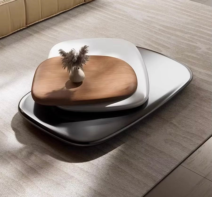 Moderner, einfacher italienischer Couchtisch fürs Wohnzimmer, drehbarer Couchtisch aus Massivholz, unregelmäßiges und minimalistisches kreatives Design