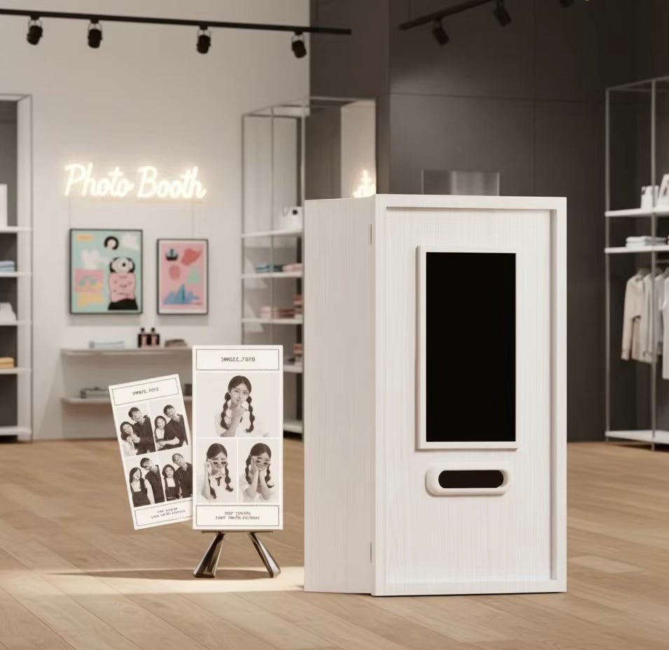 Kompakter weißer Fotokiosk mit Sofortdruck, Selbstbedienung, Wi-Fi, Touchscreen, Holz, für Cafés und Pop-up-Shops